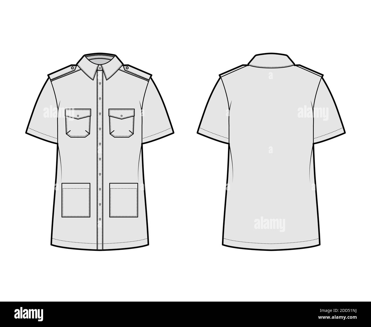 Shirt safari technical fashion illustration with short sleeves, flaps ...