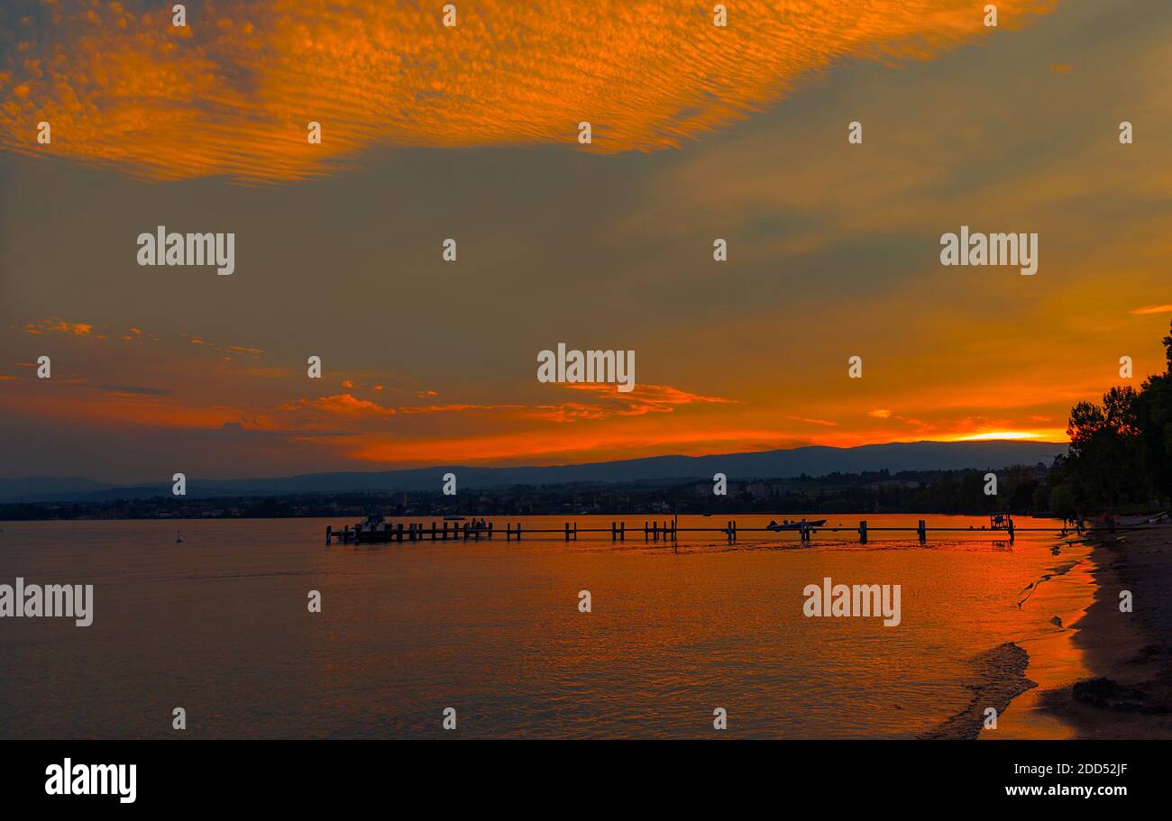 Sunset with the fantastic color over the lake Leman. Lausanne Switzerland Stock Photo