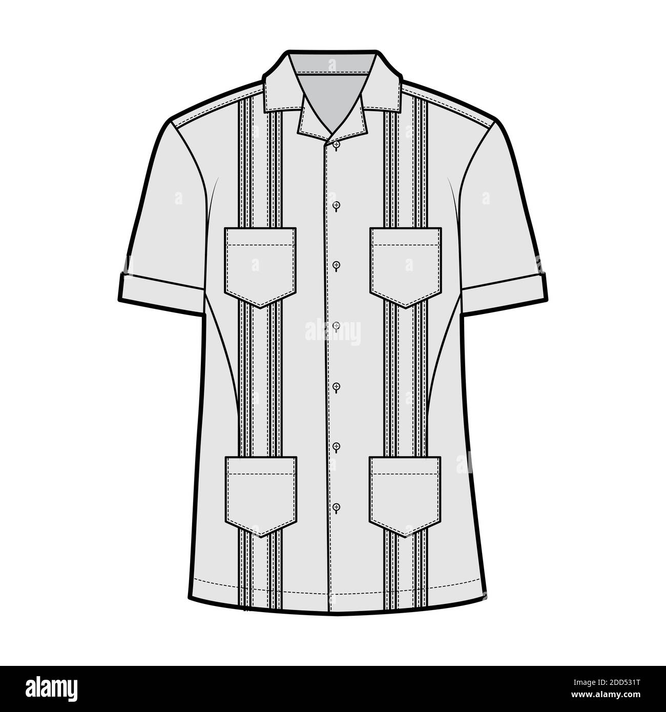 Shirt Guayabera Technical Fashion Illustration With Short Sleeves Pintucked Patch Pockets Relax Fit Yoke Button Down Open Collar Flat Template Front Grey Color Women Men Top Cad Mockup Stock Vector Image Art