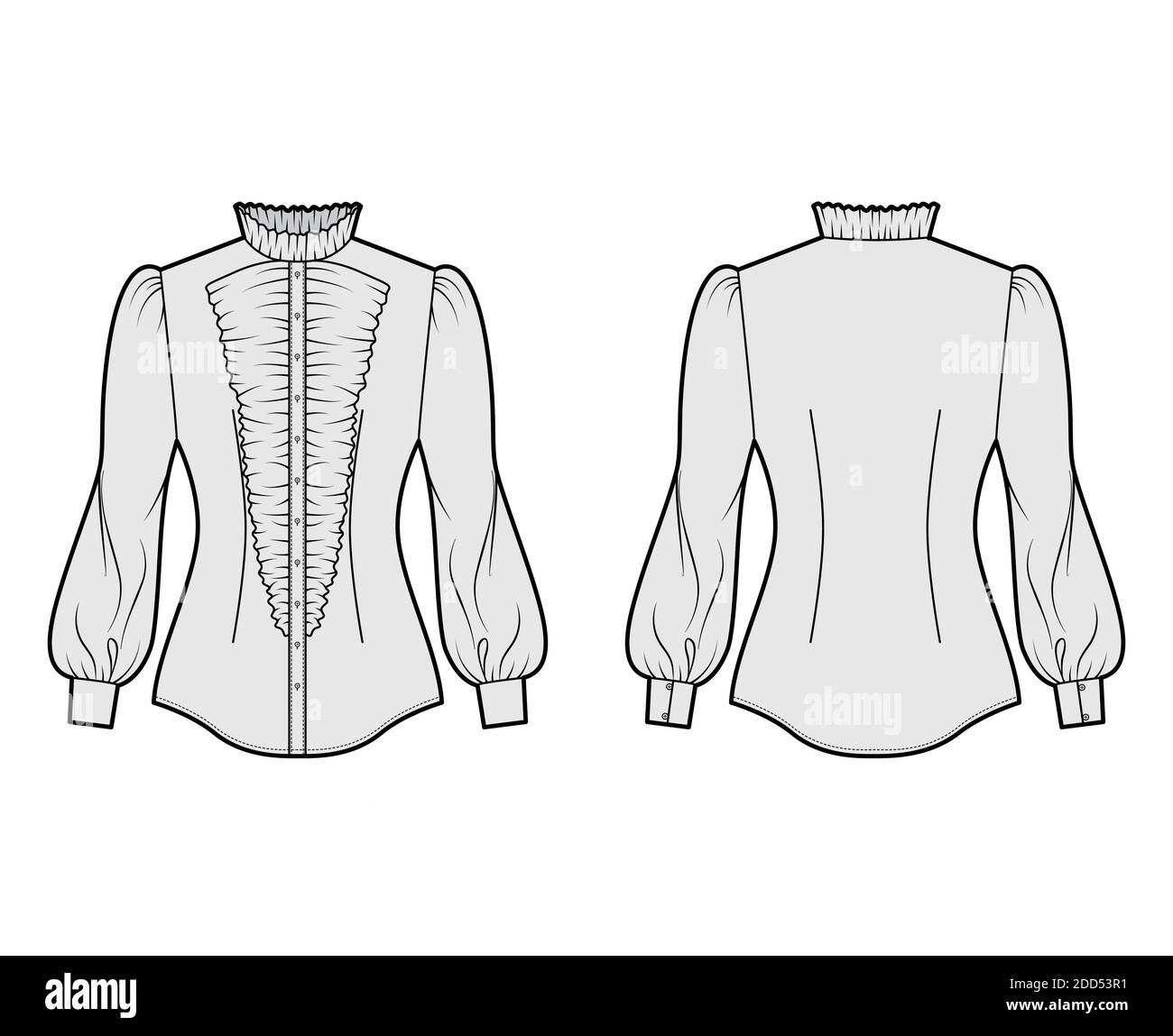 Shirt habit technical fashion illustration with long puff sleeves, jabot,  slim fit, frilled collar, button-down, vintage. Flat template front, back  grey color. Women men top CAD mockup Stock Vector Image & Art -