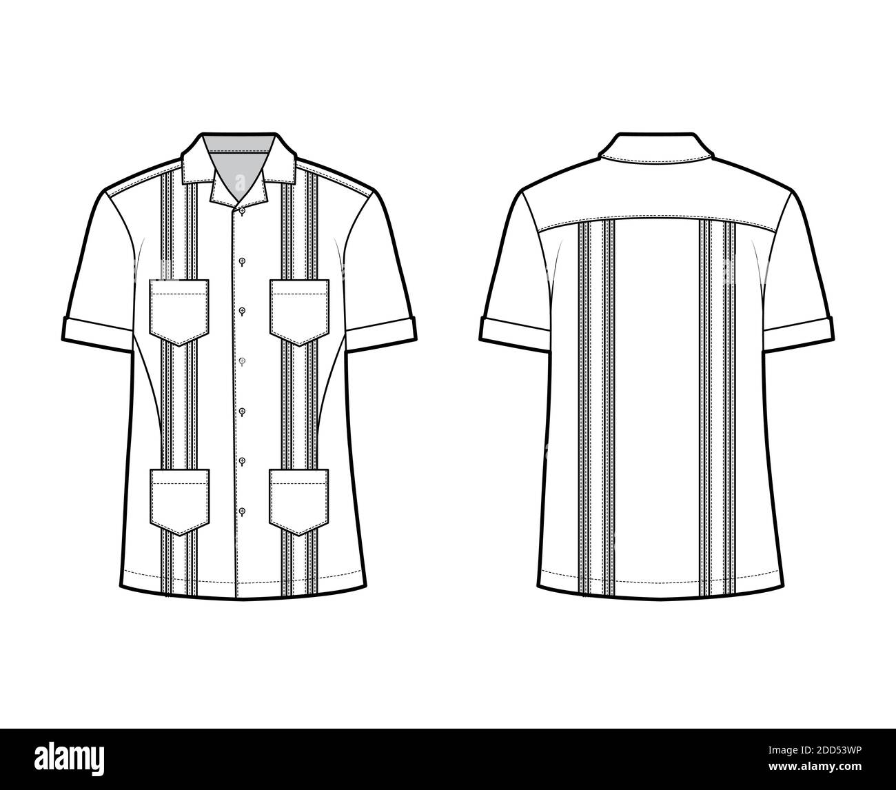 Shirt Guayabera Technical Fashion Illustration With Short Sleeves Pintucked Patch Pockets Relax Fit Yoke Button Down Open Collar Flat Template Front Back White Color Women Men Top Cad Mockup Stock Vector Image Shirt Guayabera Technical Fashion Illustration With Short Sleeves Pintucked Patch Pockets Relax Fit Yoke Button Down Open Collar Flat Template Front Back White Color Women Men Top Cad Mockup Stock Vector Image