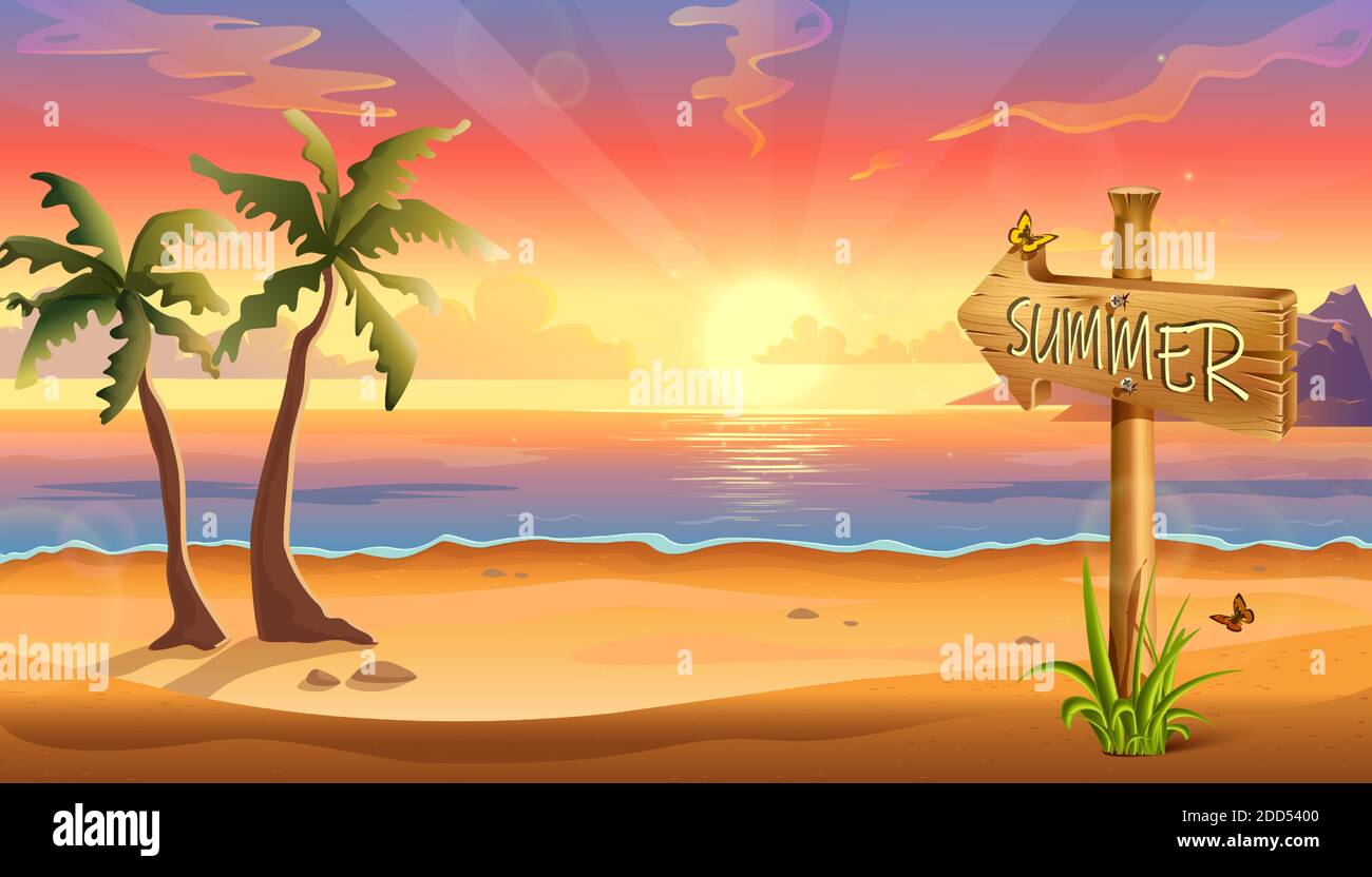 vector illustration of summer destination background, tropical beach with palms and wooden sign. Stock Vector