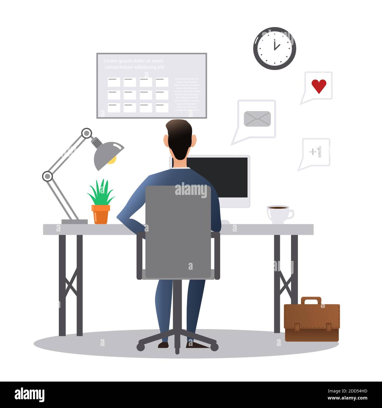Vector cartoon style drawn illustration of man at the desk working in the office. Stock Vector