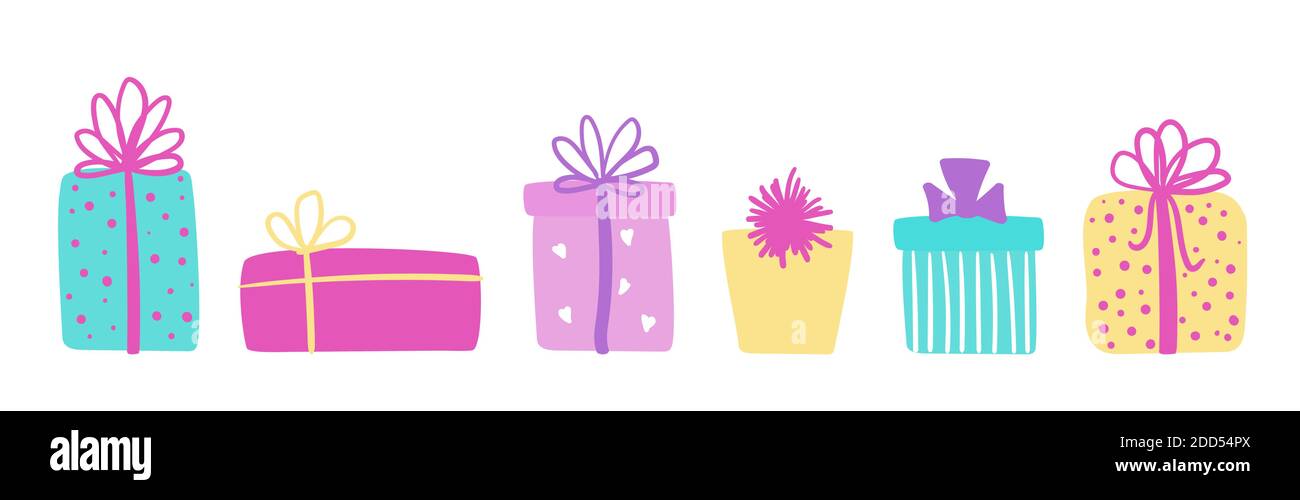 Set of colorful hand drawn gift boxes. Vector long banner with presents for Christmas or birthday greetings Stock Vector