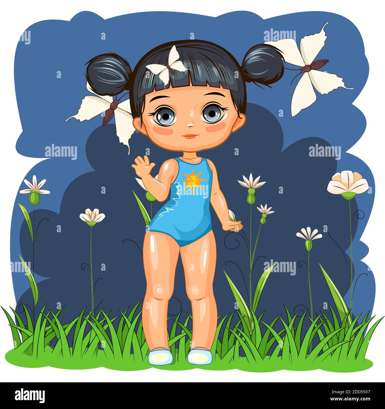 Cute little girl in a swimsuit. Cheerful funny child in a good mood