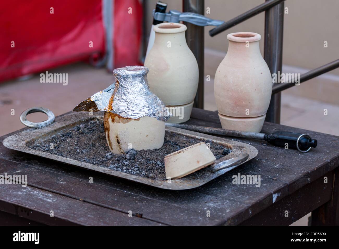 Used clay pot for the Turkish Testi Kebab, a famous traditional Turkish food Stock Photo