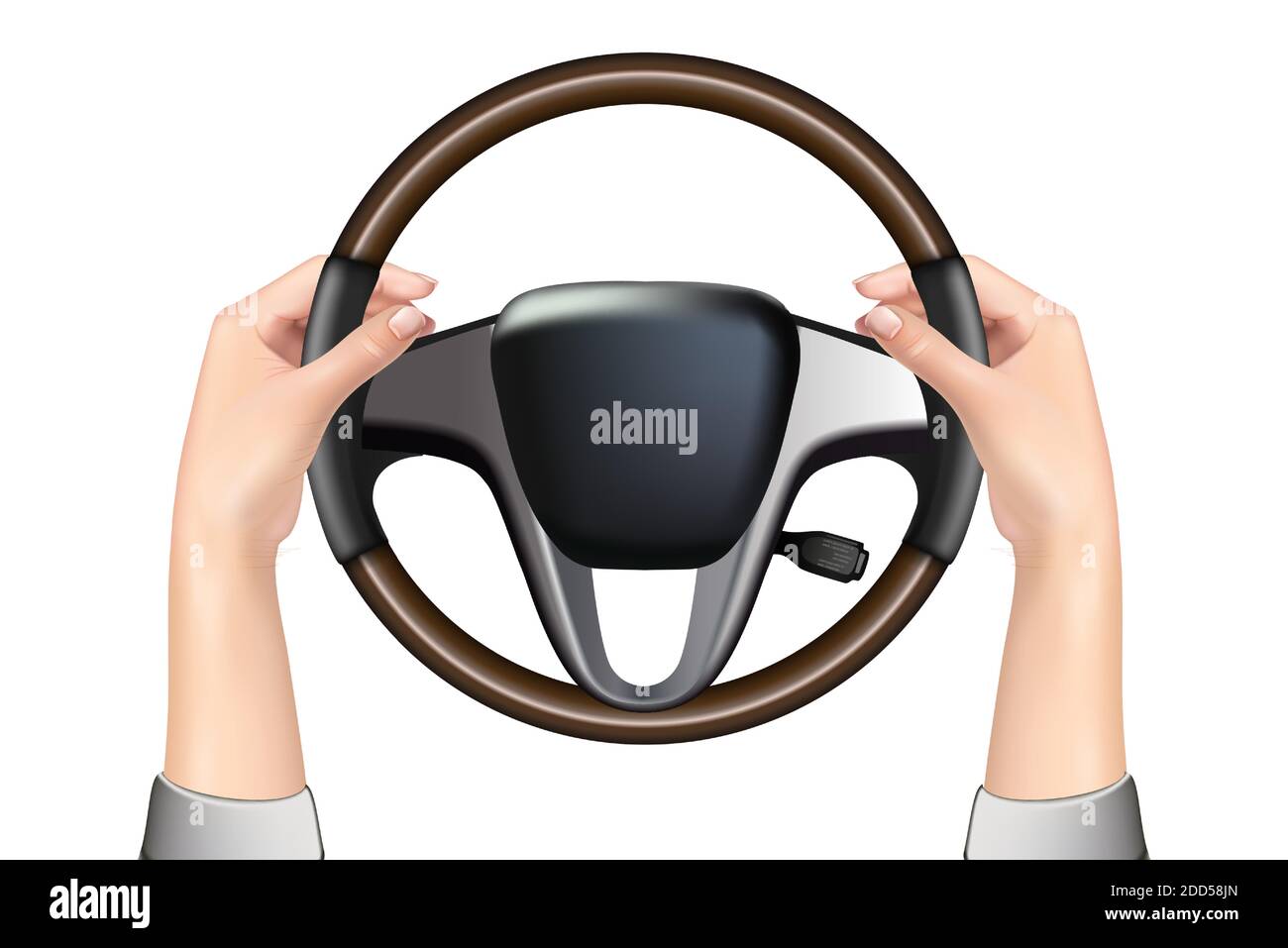 3d realistic car steering wheel and hands holding it, isolated on white
