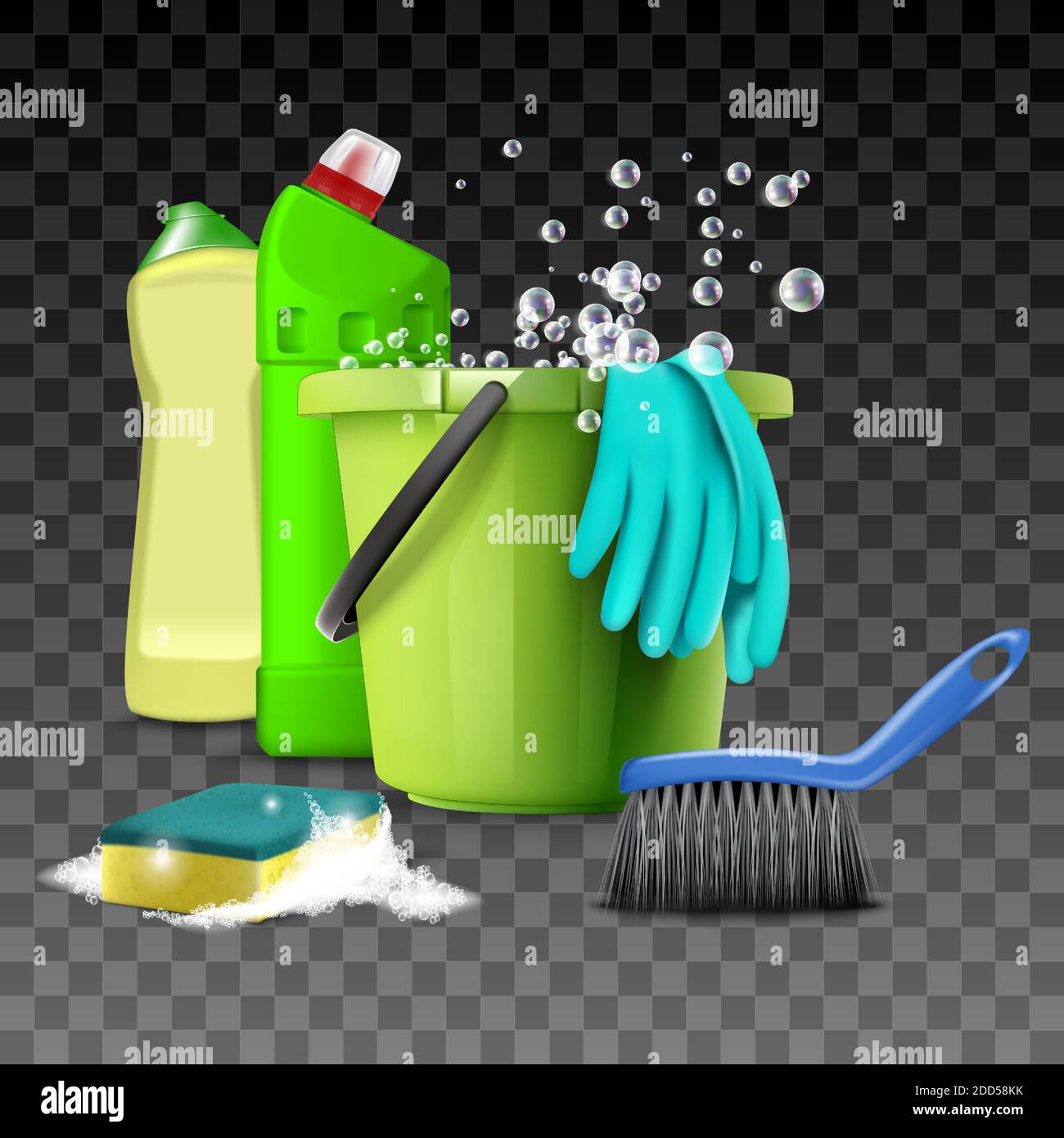 3d realistic vector icon illustration of cleaning products, kitchen and bathroom equipment for washing, toilet, broom, bucket with water and sponge. Stock Vector