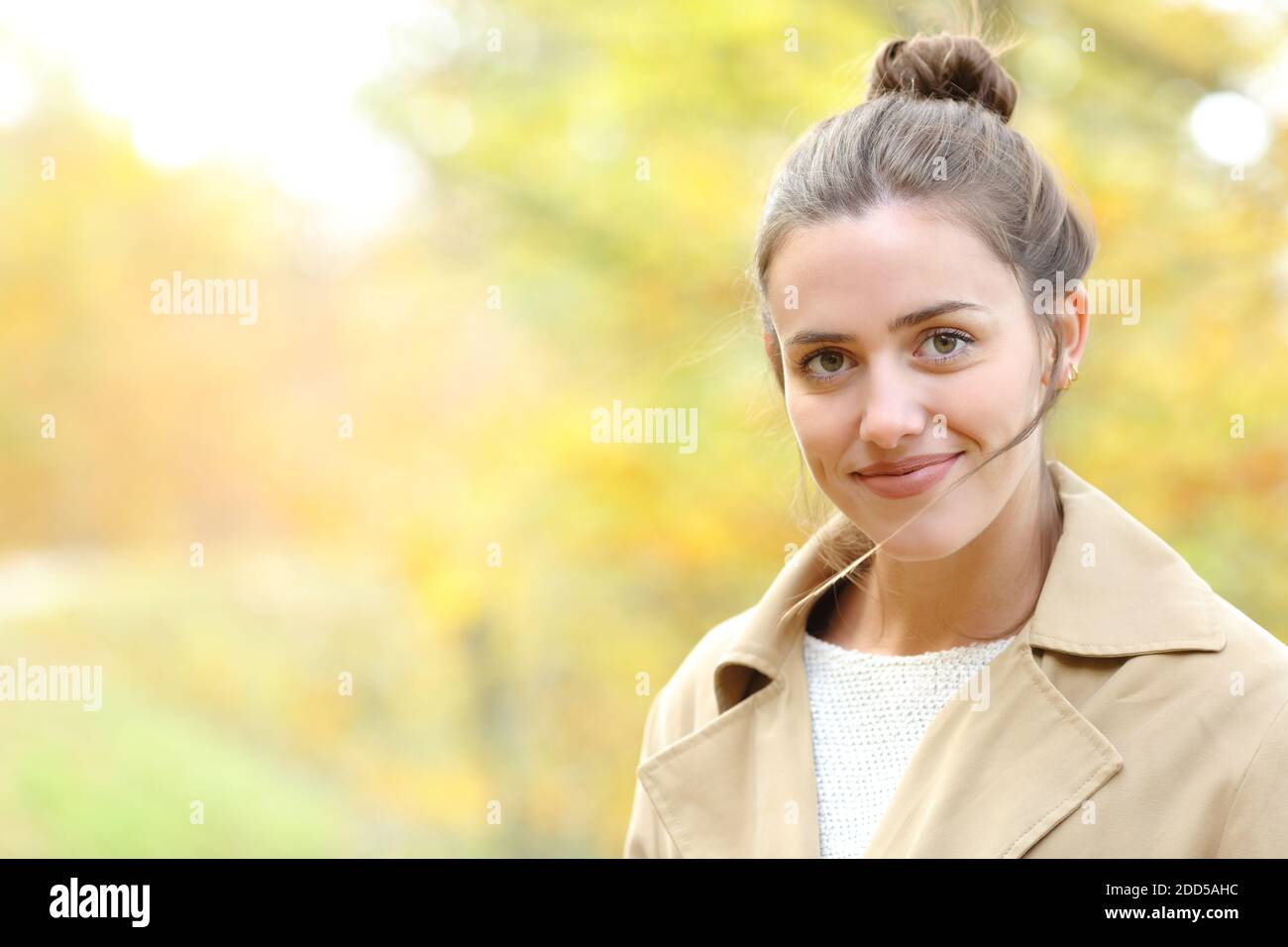 Portrait of a happy woman looking at camera in a park in autumn Stock Photo