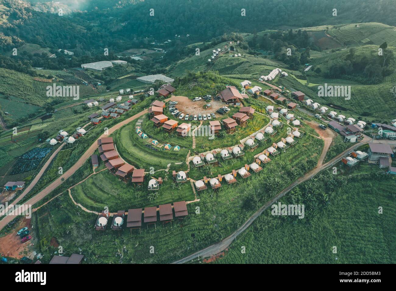 Aerial view of camping grounds and tents on Doi Mon Cham mountain in Mae Rim, Chiang Mai province, Thailand Stock Photo