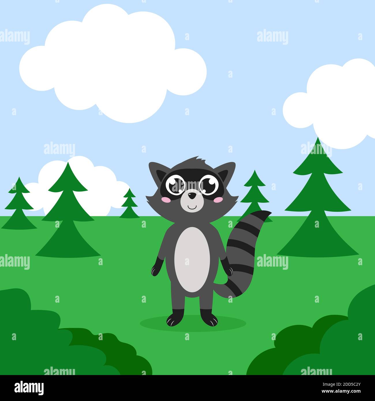 Happy racoon in a forest. Vector cartoon illustration. Isolated. Cute ...