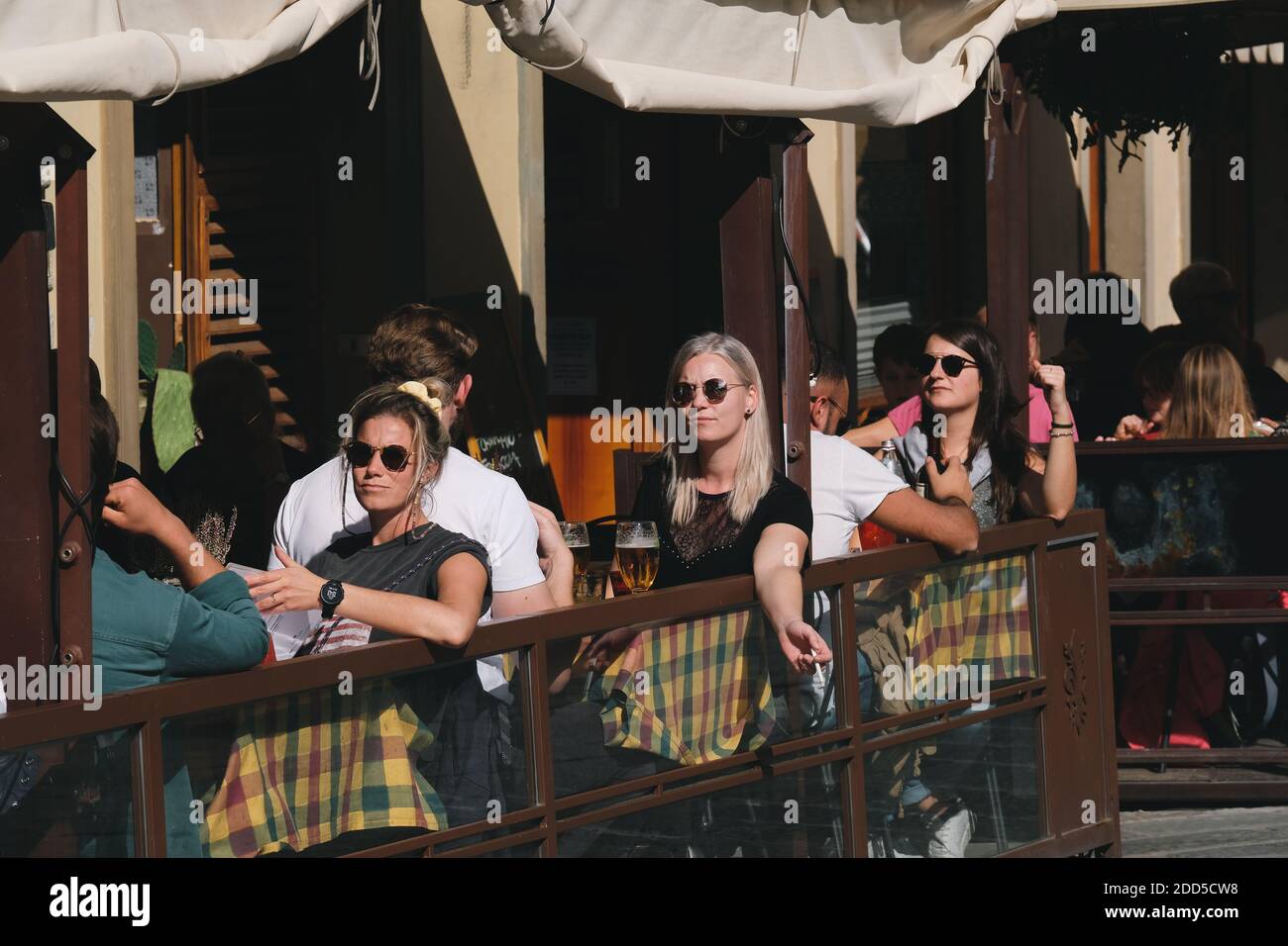 2020 October 17, Florence Italy: Outside exterior of Florence cafe restaurant pizzeria in Tuscany with people sitting eating Stock Photo