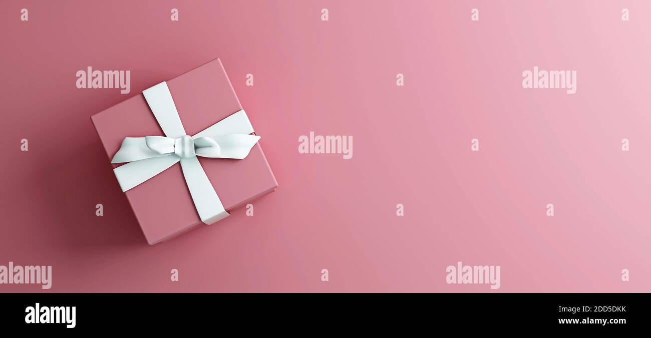 Mock-up poster, rose pink gift box with white bow on pink background, 3D Render, 3D Illustration Stock Photo