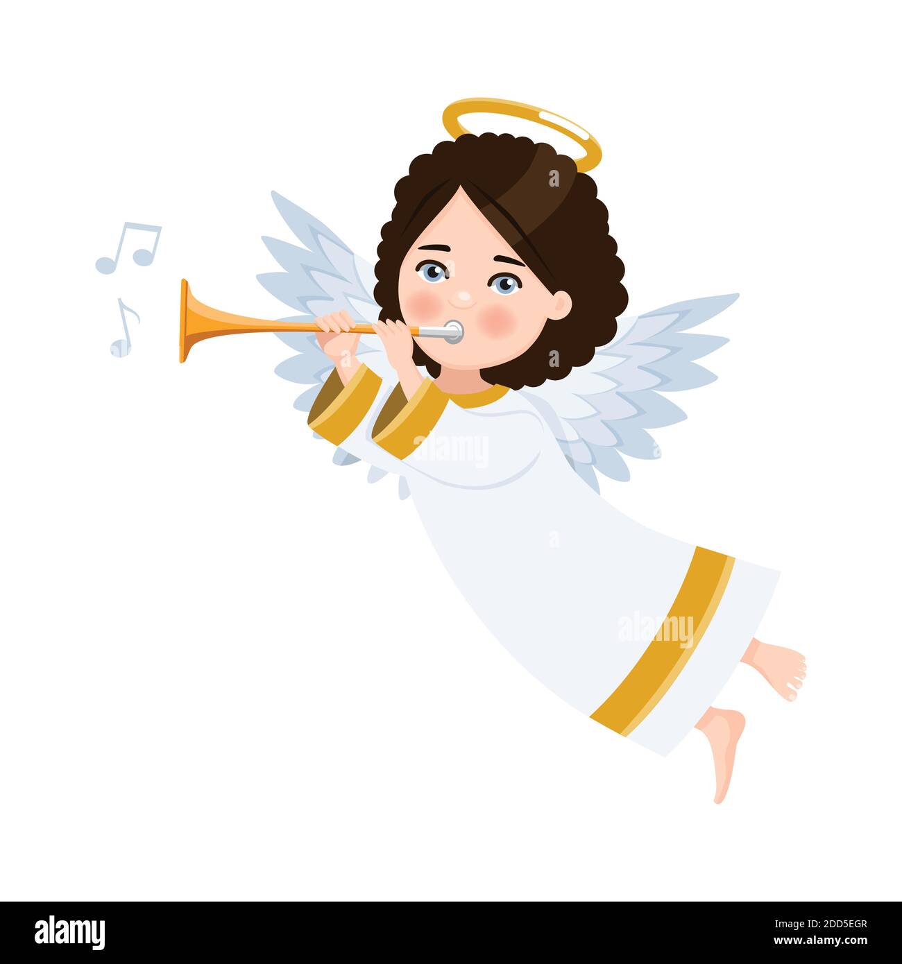 Angel playing the trumpet on white background. Isolated flat vector illustration Stock Vector