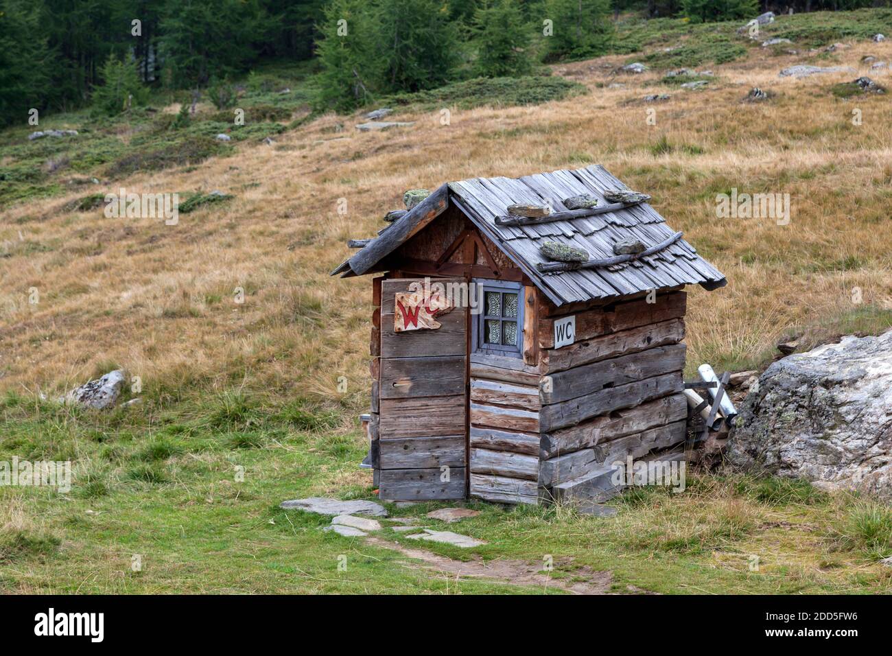 geography / travel, Italy, South Tyrol, Madonna, rustic toilet hut on the Berglalm, Schnalstal, Merano, Additional-Rights-Clearance-Info-Not-Available Stock Photo
