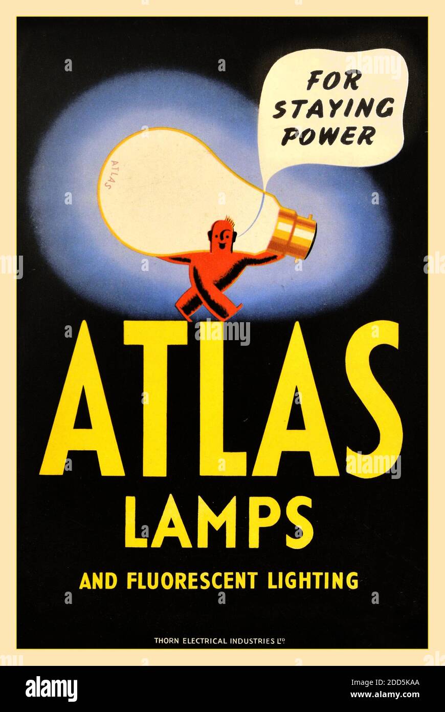 ATLAS LAMPS 1930’s Vintage Archive  British UK advertising poster’ FOR STAYING POWER’  issued by Atlas Lamps and Fluorescent Lighting. Art Deco design of a red man carrying a massive light bulb with a caption FOR STAYING POWER’ Country of issue: UK, year of printing: 1930s Stock Photo