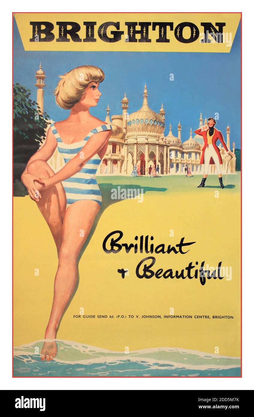BRIGHTON BEACH COAST Vintage holiday 1960's UK Travel Poster  'Brighton Brilliant & Beautiful',  featuring beach and Royal Pavilion original poster printed by Waterlow c. 1960 - by Southby Bramwell UK Stock Photo