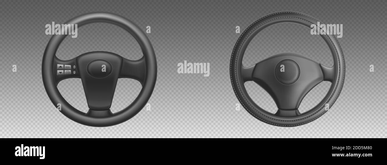 Car steering wheels, auto part for control drive and turn. Vector realistic set of black leather automobile steering wheels with mode and vehicle horn buttons isolated on transparent background Stock Vector