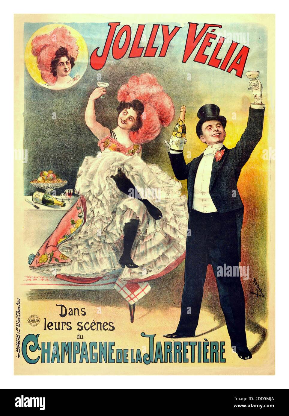 Vintage 1880's advertising theatre poster for a production of Jolly Velia - Dans leurs scenes du champagne de la Jarretière / In their scenes of champagne from the Garter -artwork by Cândido Aragonez de Faria (1849-1911) features a lady wearing a large pink and white dress with a feathered hat sitting on a table with an empty bottle of champagne laying on its side. Next to her a man in a black suit and a top hat holding a second bottle with one hand and raising a glass with the other. Cândido Aragonez de Faria was a Brazilian caricaturist, painter, lithographer and poster designer Paris France Stock Photo