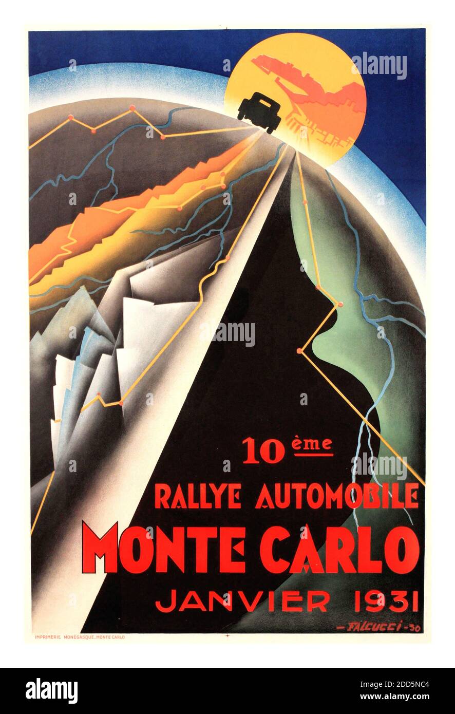 Vintage Monte Carlo Rallye - 1931,  poster printed by Imprimerie Monégasque Monte-Carlo 1931 -by Roberto Falcucci (1900-1989) Rallye Automobile de Monte-Carlo) is a rallying event organised each year by the Automobile Club de Monaco. Donald Healey won the 1931 event in an Invicta sports car Stock Photo