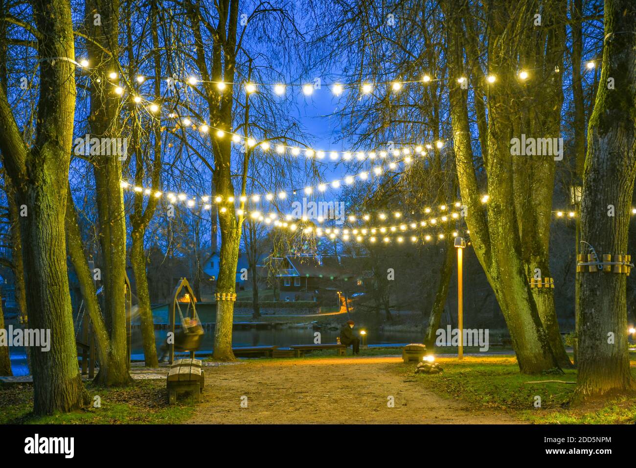 Park or garden with warm light bulbs, street lamps at evening or night, decorative illumination, celebration, cozy Christmas background Stock Photo