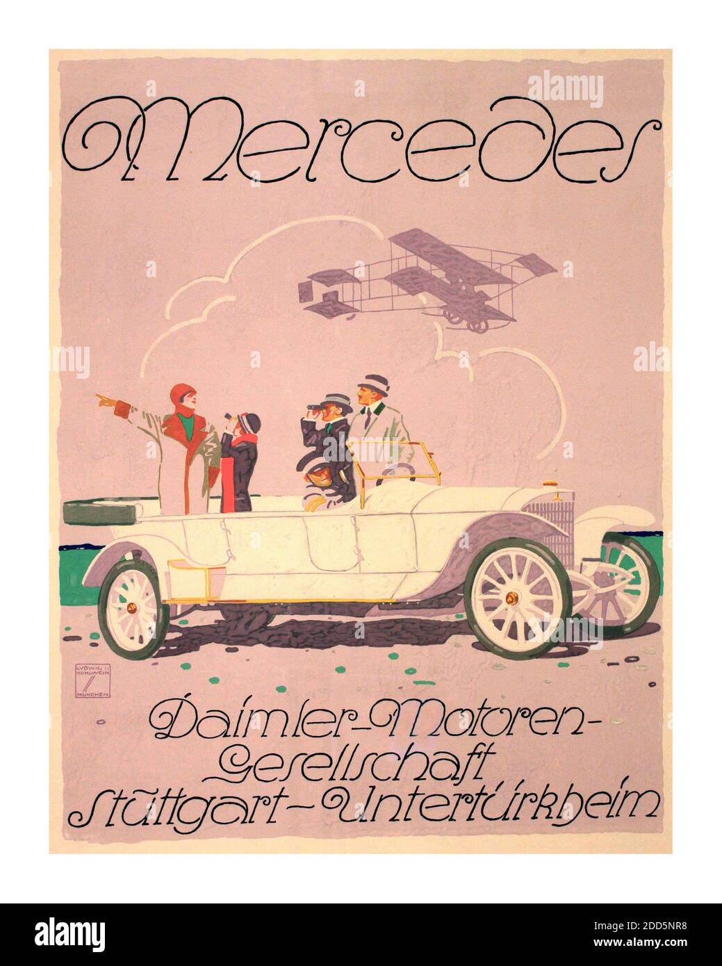 Vintage 1914 advertising motoring poster Mercedes,' Daimler-Motoren Society' Stuttgart Germany original poster by Ludwig Hohlwein München 1914  (1874-1949) Stock Photo