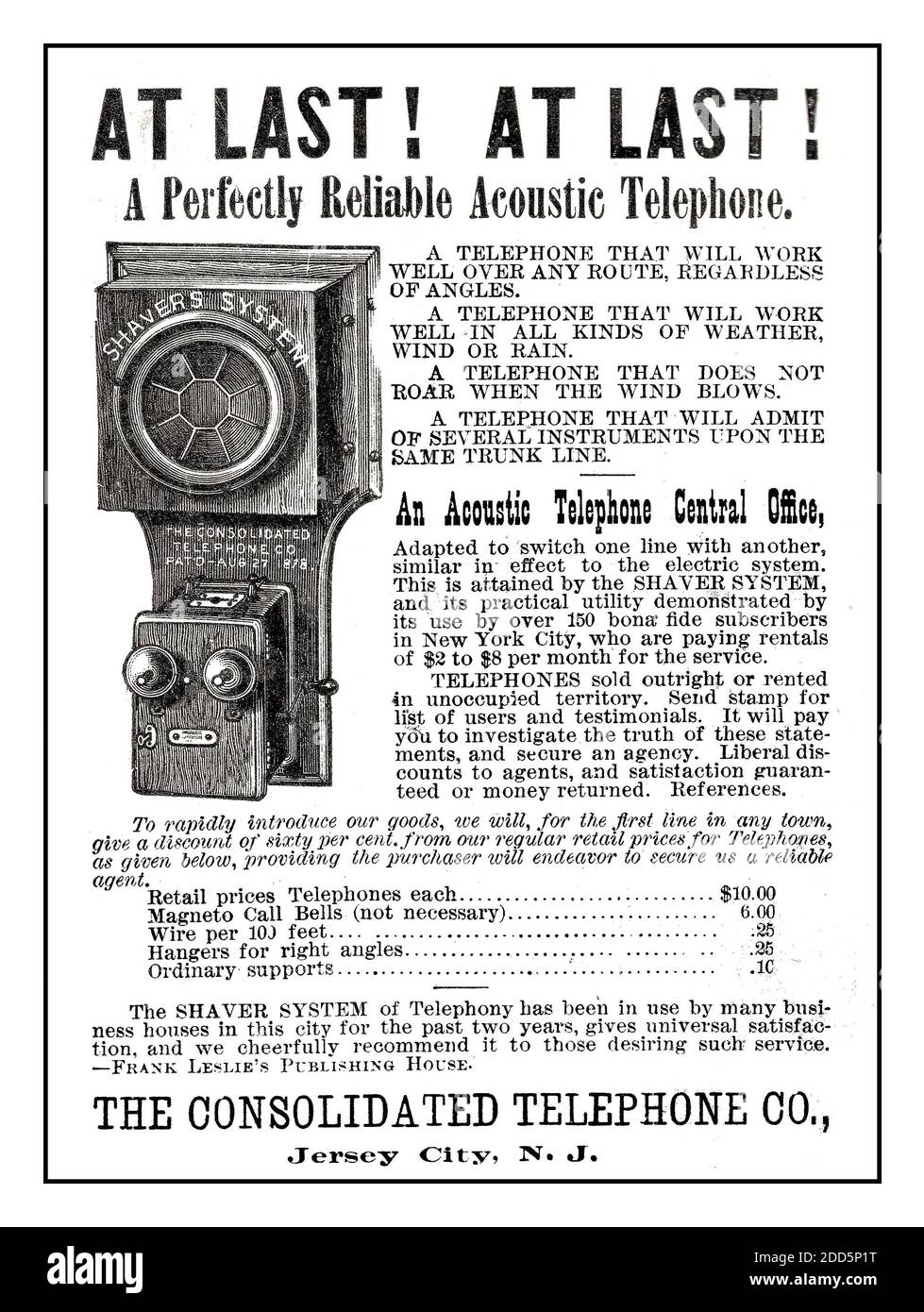 Historic early Acoustic Telephone 1800's press advertisement Consolidated Telephone Co. ad 1886. AT LAST ! AT LAST ! A perfectly reliable acoustic telephone Stock Photo