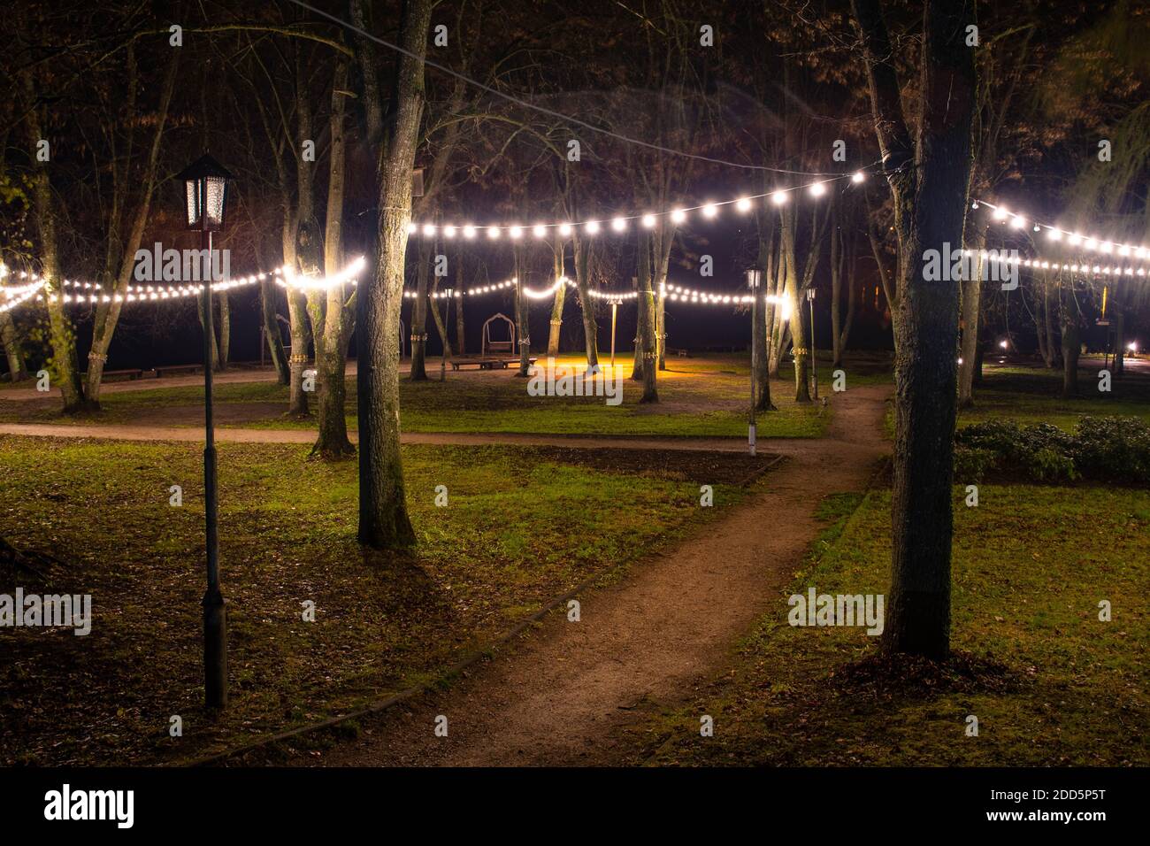 Park or garden with warm light bulbs, street lamps at evening or night, decorative illumination, celebration, cozy Christmas background Stock Photo