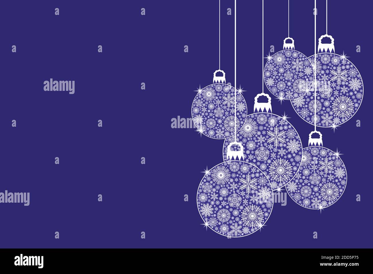 Illustration of hanging Christmas baubles covered in white snowflakes against a dark blue background with space for text. Stock Photo
