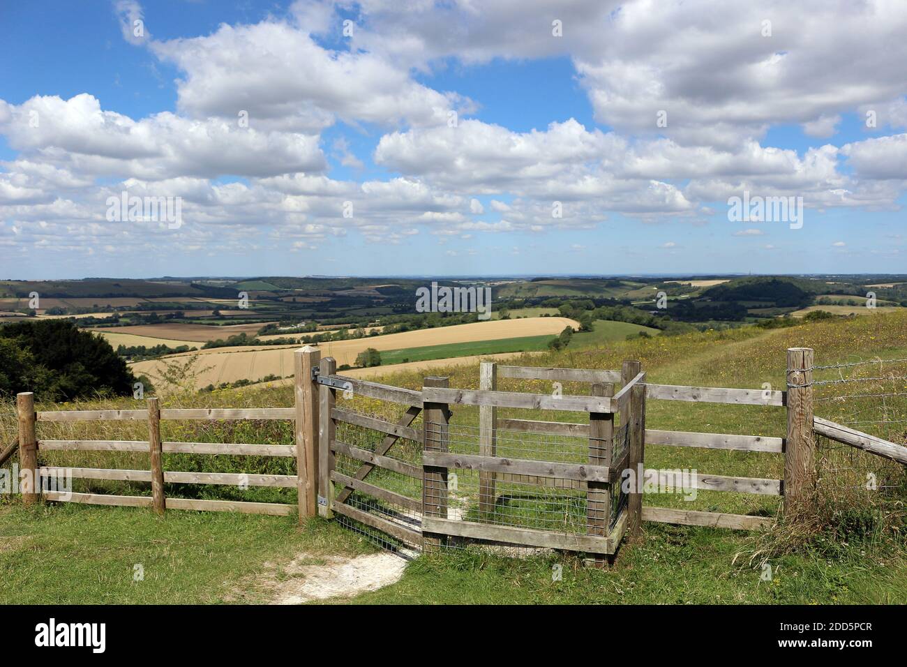 The South Downs National Park view with a wooden gate in the foreground Stock Photo