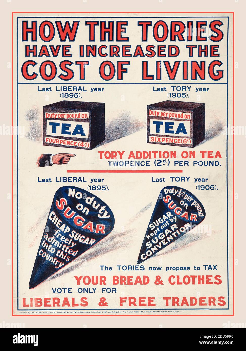 Vintage 1900's political propaganda poster UK 'HOW THE TORIES HAVE INCREASED THE COST OF LIVING' Blue and red ink on white paper, illustrating the increase in the tax price of tea and sugar under a Tory government (Tory government of 1905 compared to Liberal government of 1895), produced for the Liberal Party. Printer: Avenue Press London Date: c1905-c1910 Stock Photo
