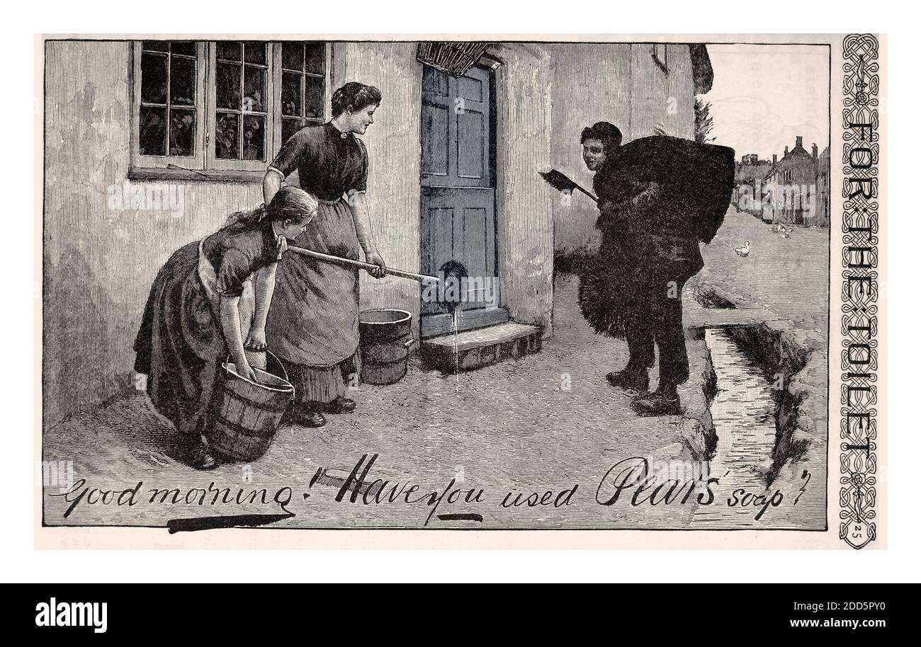Vintage retro 1800's PEARS SOAP cleaning poster advertising The Century illustrated monthly magazine (1882) PEARS SOAP ADVERTISEMENT  ' good morning have you used Pears soap' Illustration of two women cleaning the front of a house with a chimney sweep in conversation. Stock Photo
