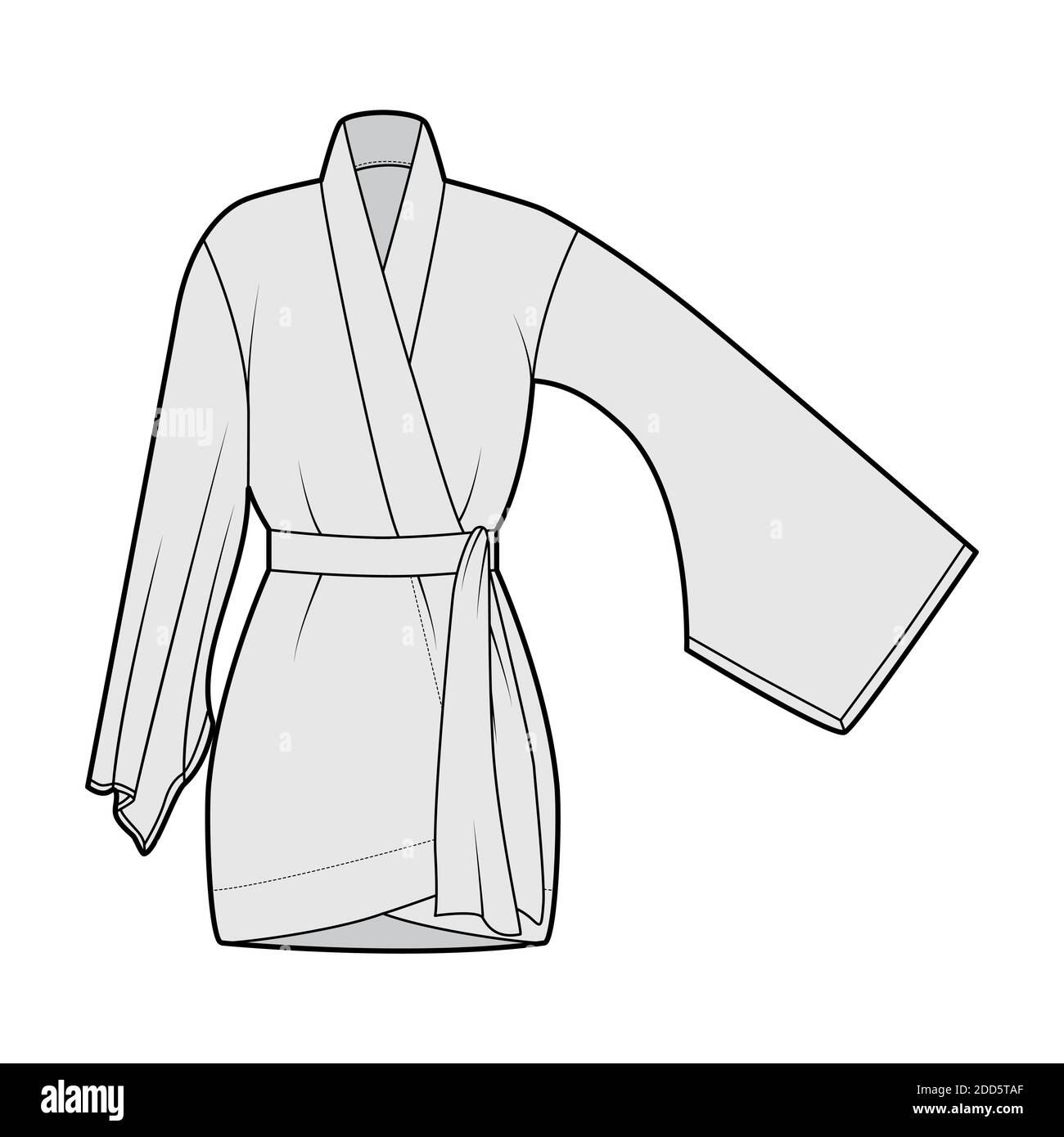 Kimono robe technical fashion illustration with long wide sleeves, belt