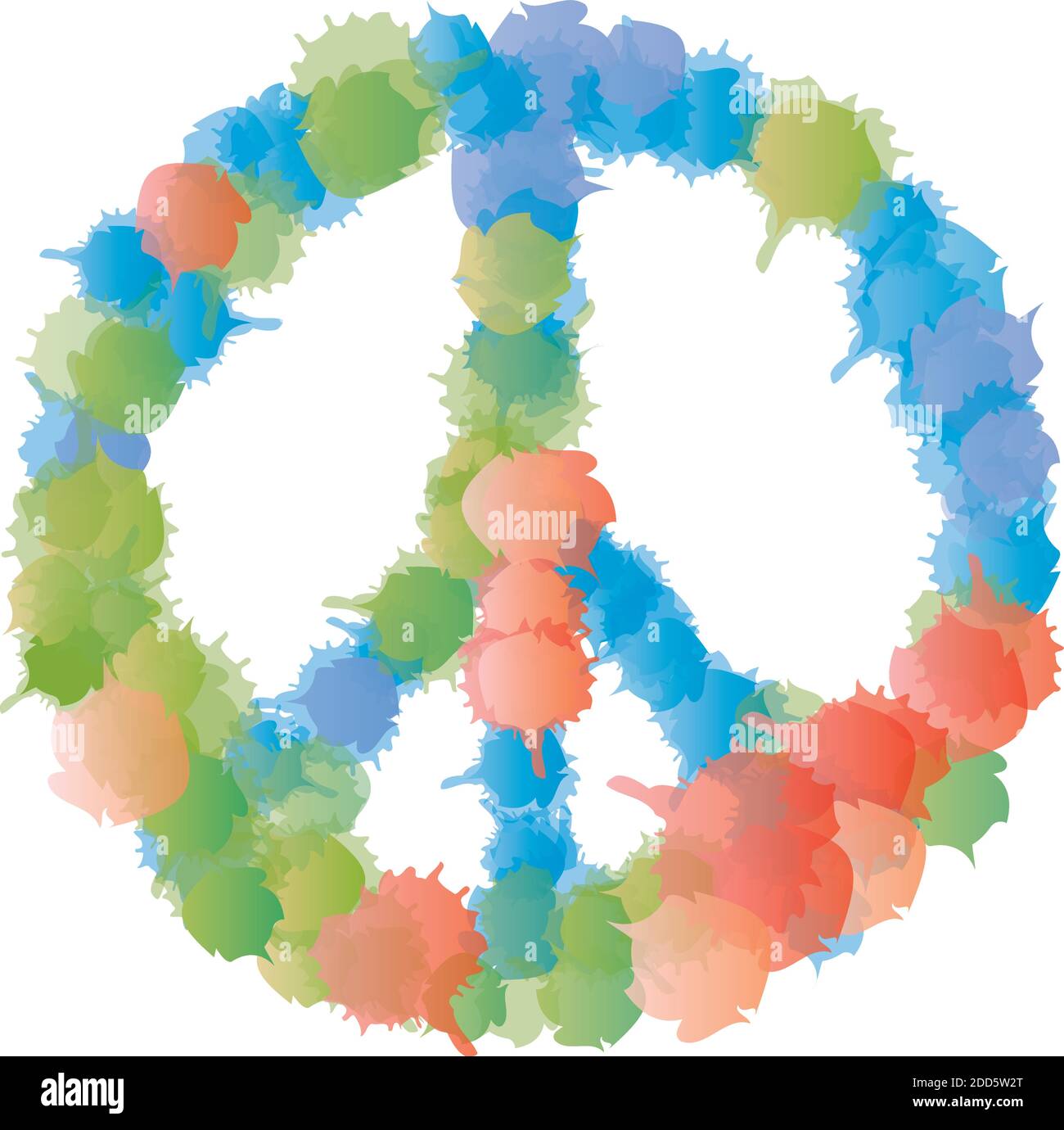 Peace and Love Symbol - Multicolored Spots, Splashes in Pale Red, Green and Blue Colors Stock Vector
