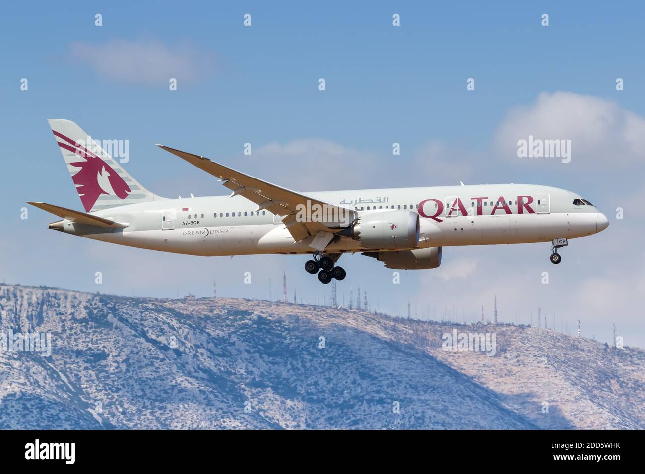 Athens, Greece - September 22, 2020: Qatar Airways Boeing 787-8 Dreamliner airplane Athens Airport in Greece. Boeing is an American aircraft manufactu Stock Photo