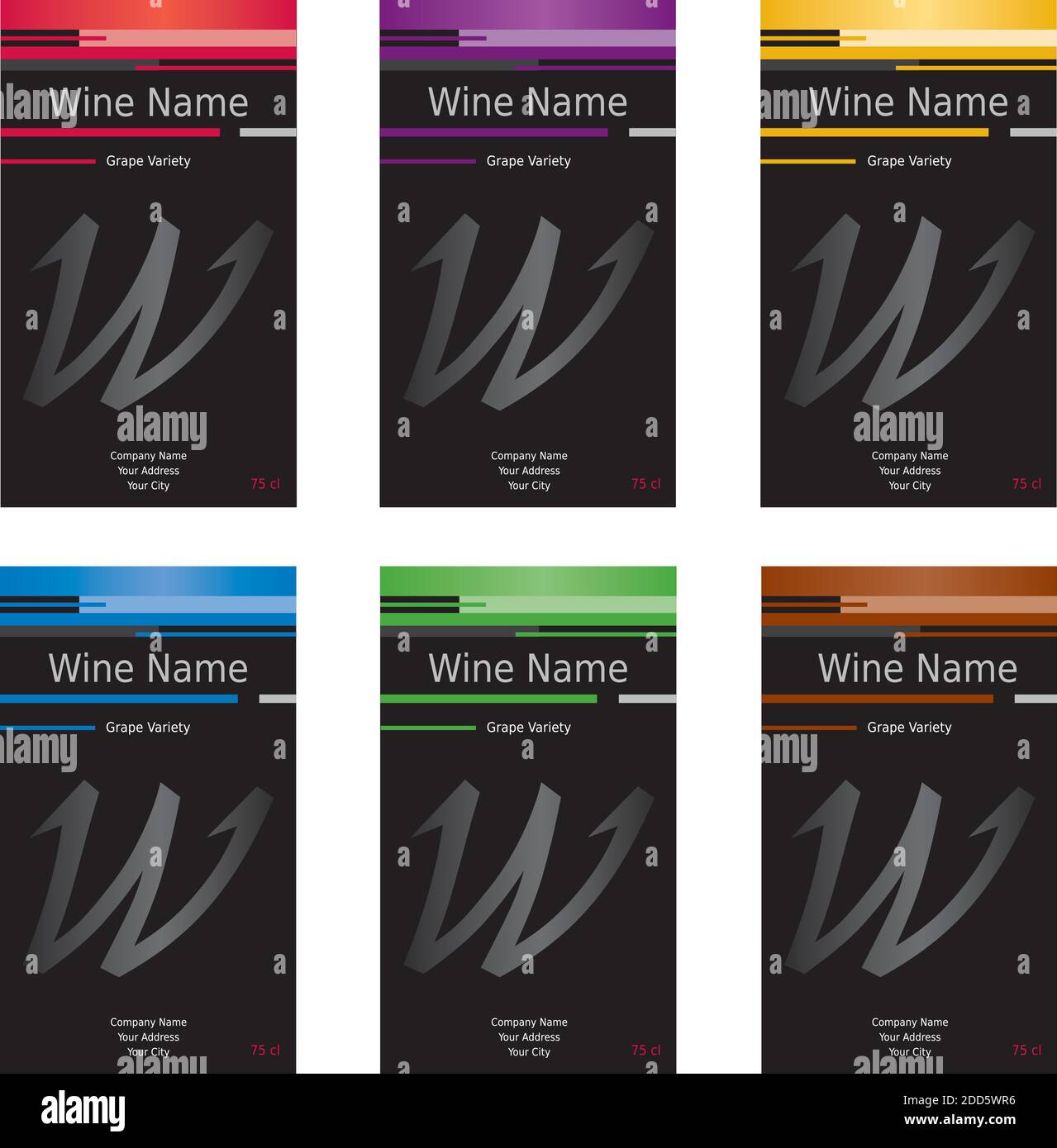 Wine Label Set of 6 - Assorted Colors - Modern Design Stock Vector