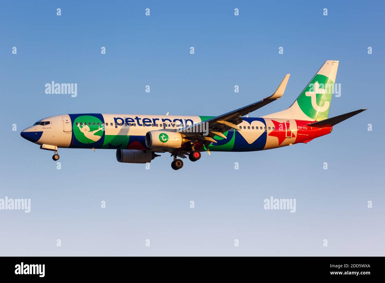 Athens, Greece - September 21, 2020: Transavia Boeing 737-800 airplane in the Peter Pan special colors Athens Airport in Greece. Stock Photo