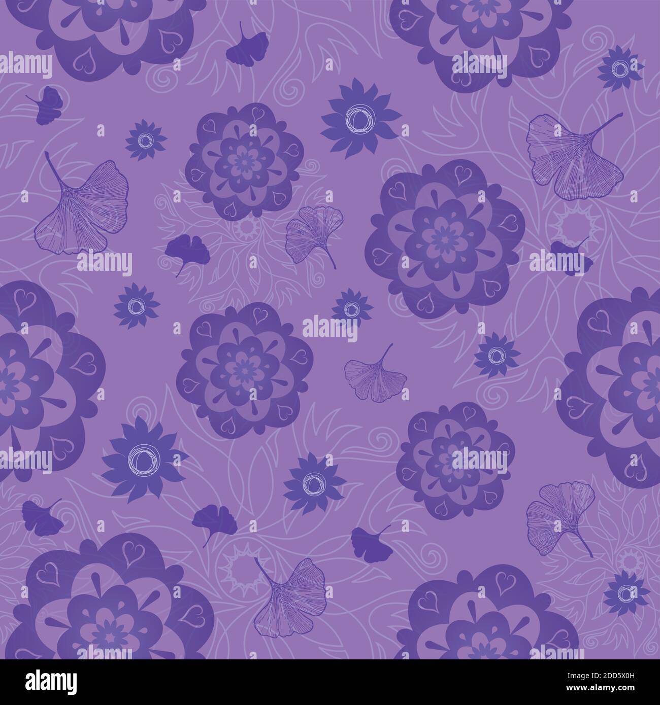 Flower Mandala Seamless Pattern in Violet with Leaves on Lila Background Stock Vector