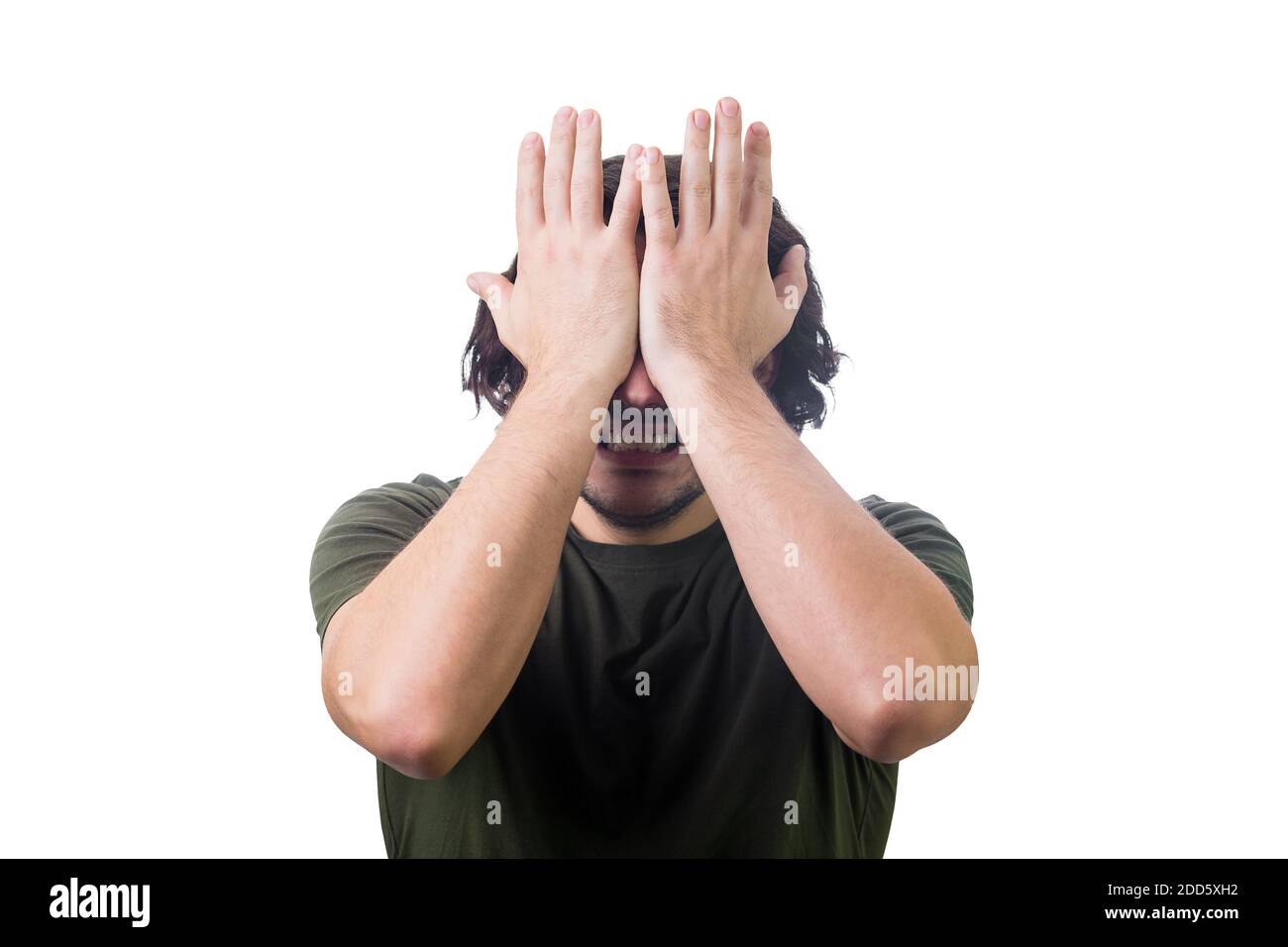 Portrait of angry and disappointed young man, facepalm gesture clenching teeth, covers face with his hands. Depressed person suffering emotional break Stock Photo