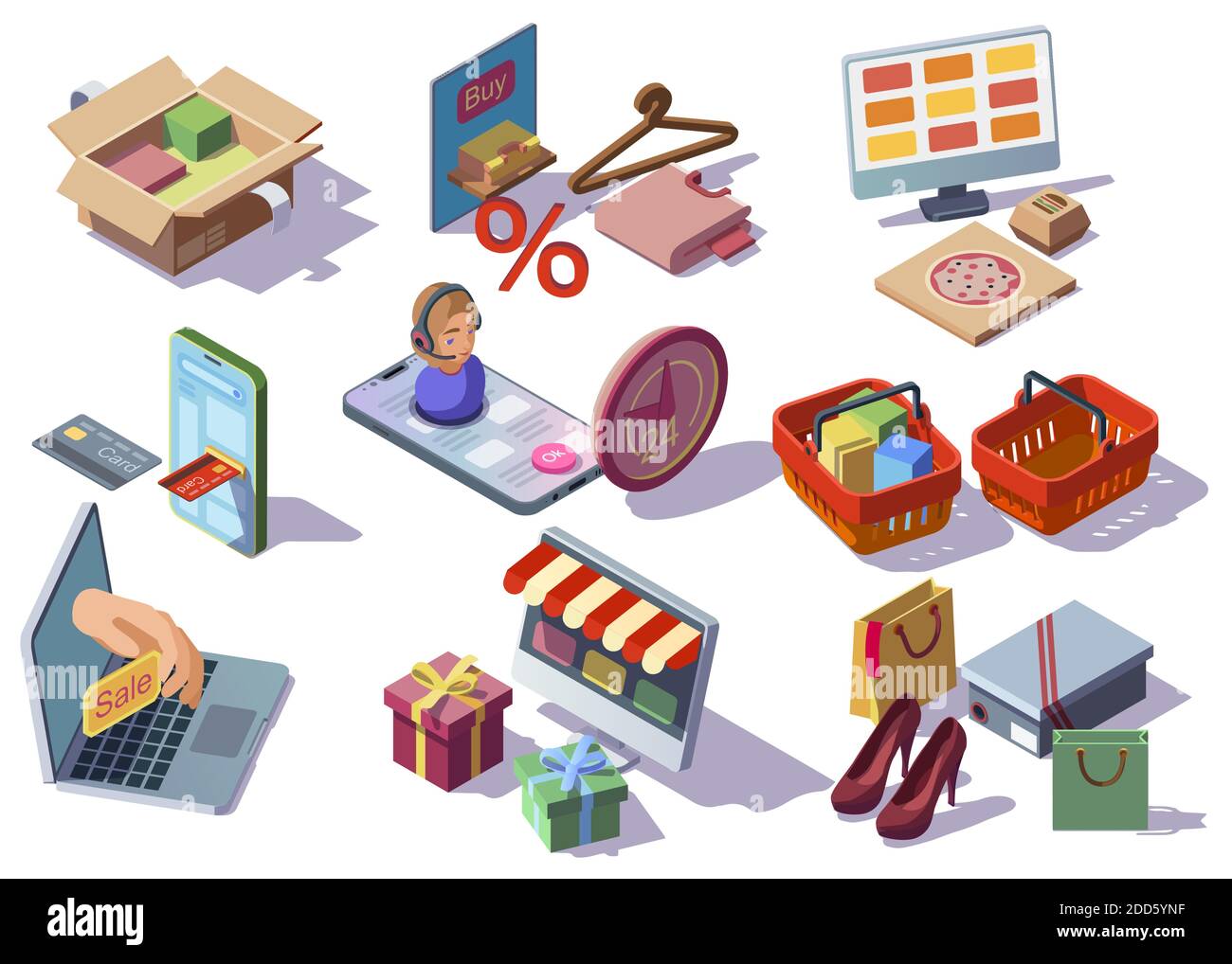 Online shopping, internet shop isometric icons collection with goods, purchases, food, gifts, baskets, packages, clothes and shoes ecommerce stores Stock Vector