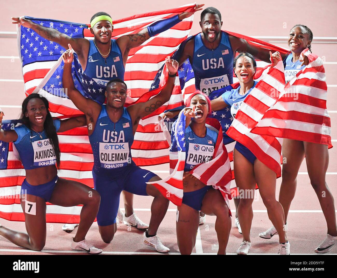 USA Team relay: Noah Lyles, Christian Coleman, Michael Rodgers, Justin Gatlin, Dezerea Bryant, Teahna Daniels, Morolake Akinosun, Kiara Parker. Stock Photo