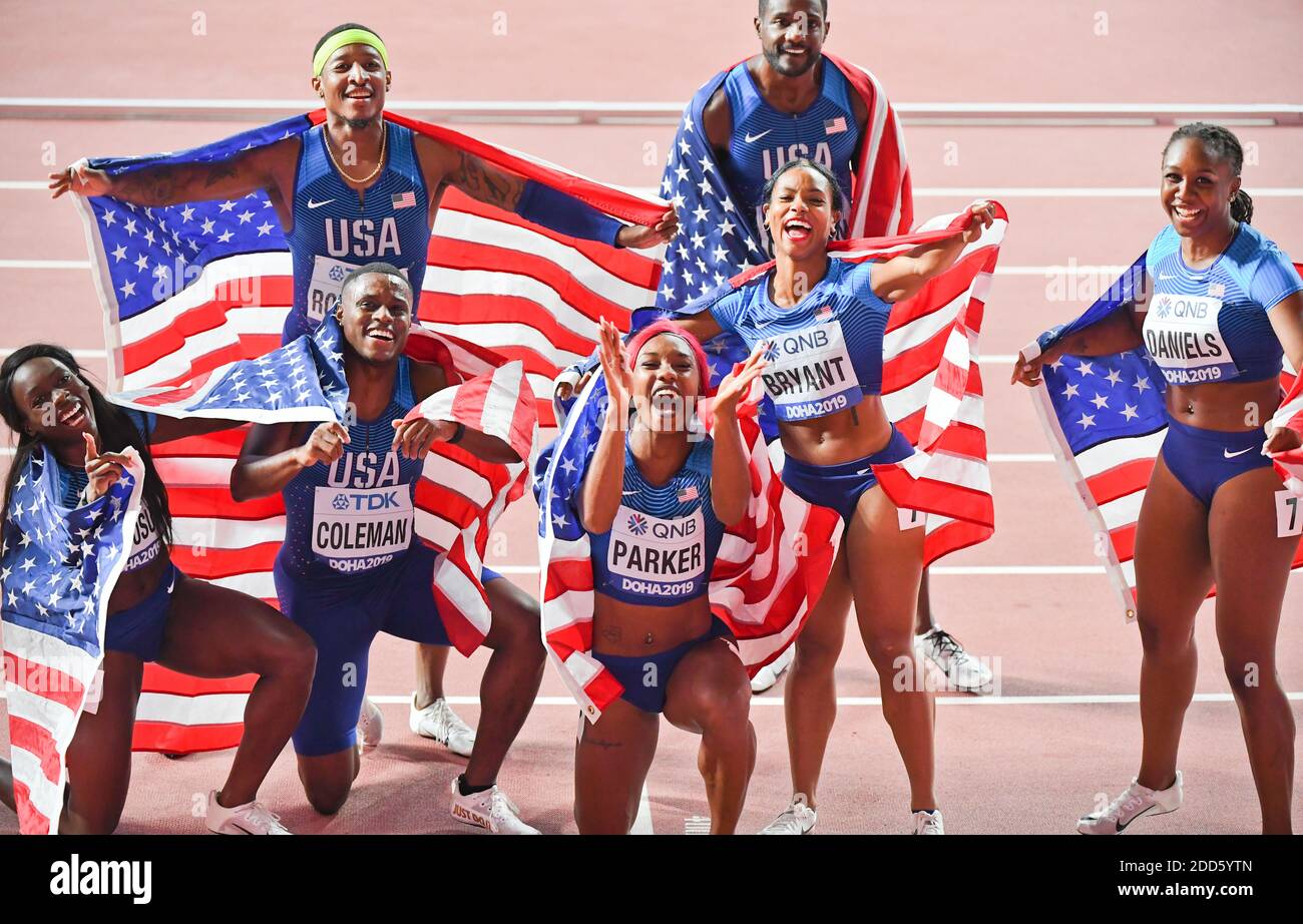 USA Team relay: Noah Lyles, Christian Coleman, Michael Rodgers, Justin Gatlin, Dezerea Bryant, Teahna Daniels, Morolake Akinosun, Kiara Parker. Stock Photo