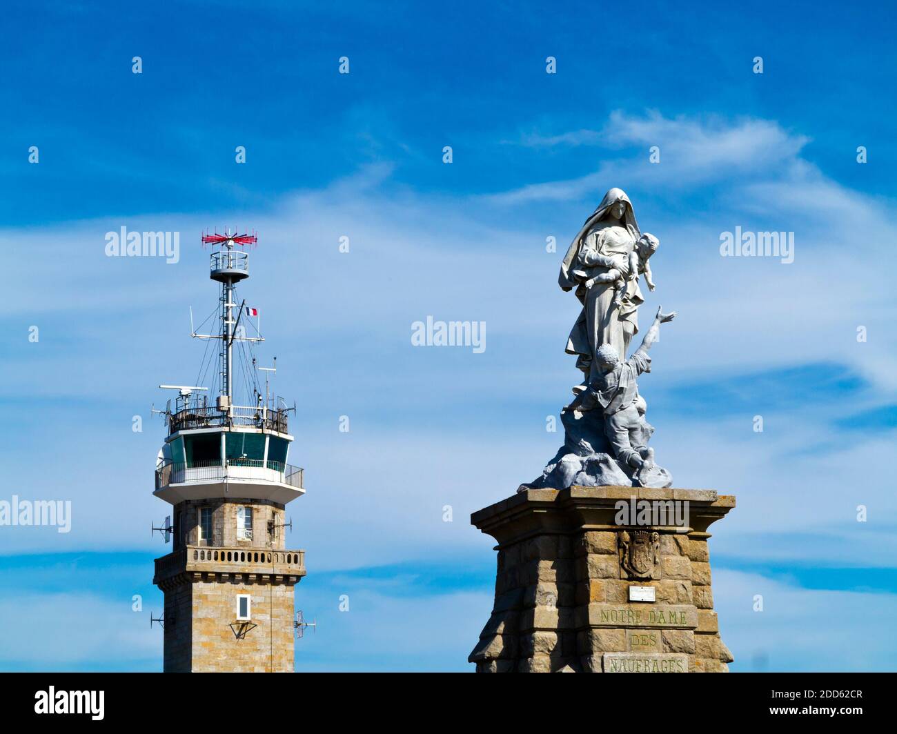 Coastal lookout and the Statue de Notre-Dame des Naufragés by Cyprian Godebski 1904 at Pointe du Raz Plogoff Finistere Brittany north west France. Stock Photo