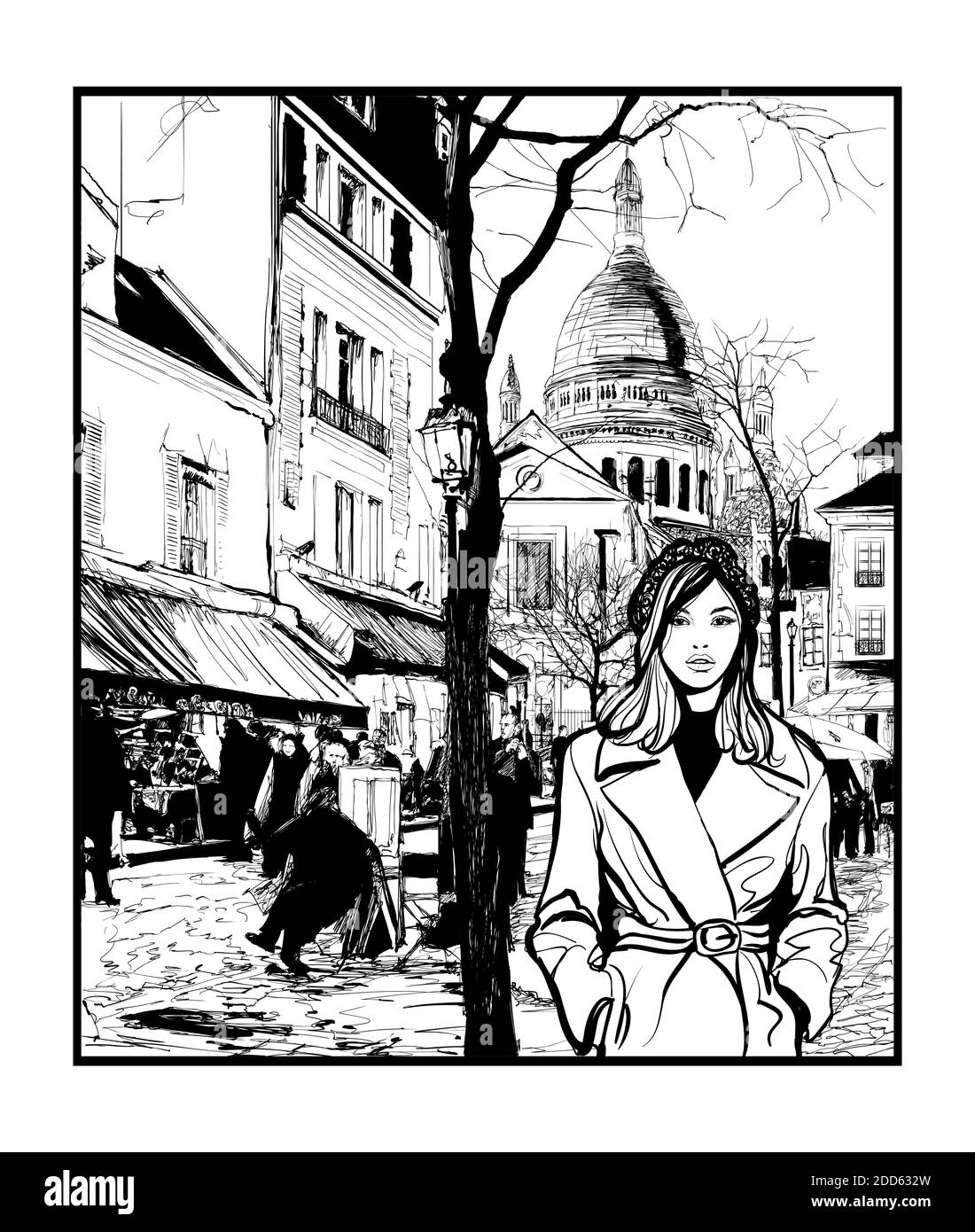 Paris, woman walking in Montmartre - vector illustration Stock Vector
