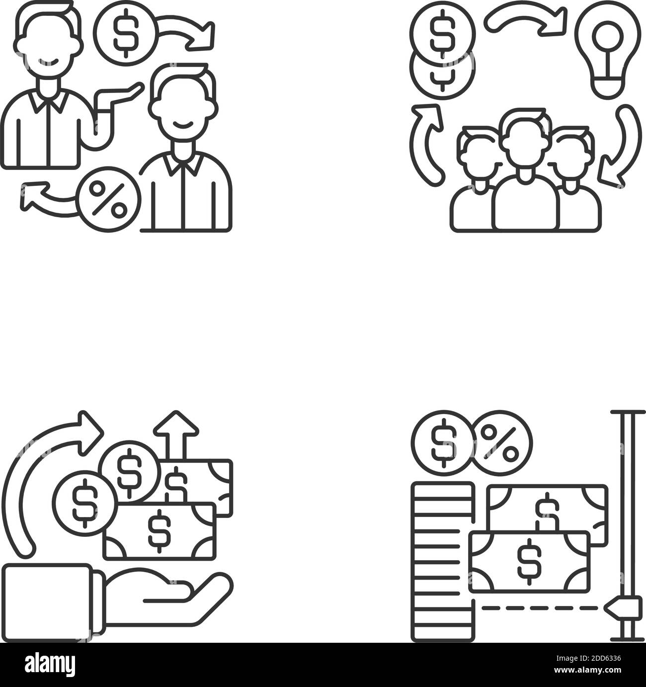 Digital crowdfunding platforms linear icons set Stock Vector