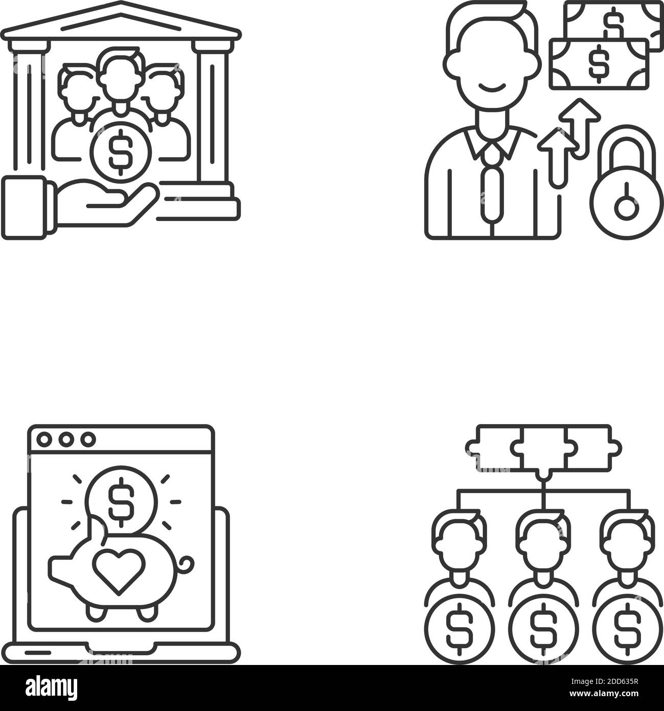 Different money types crowdfunding linear icons set Stock Vector