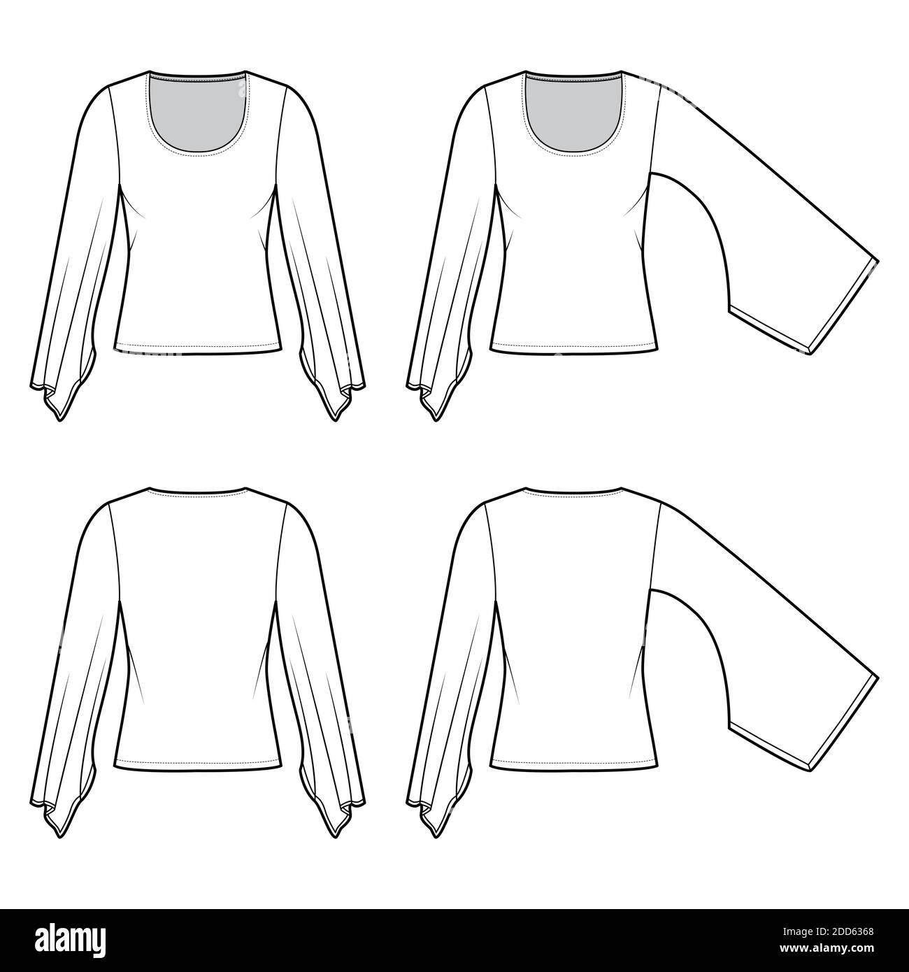 Set of Tops with Kimono long sleeves technical fashion illustration with slim  fit, under waist length.