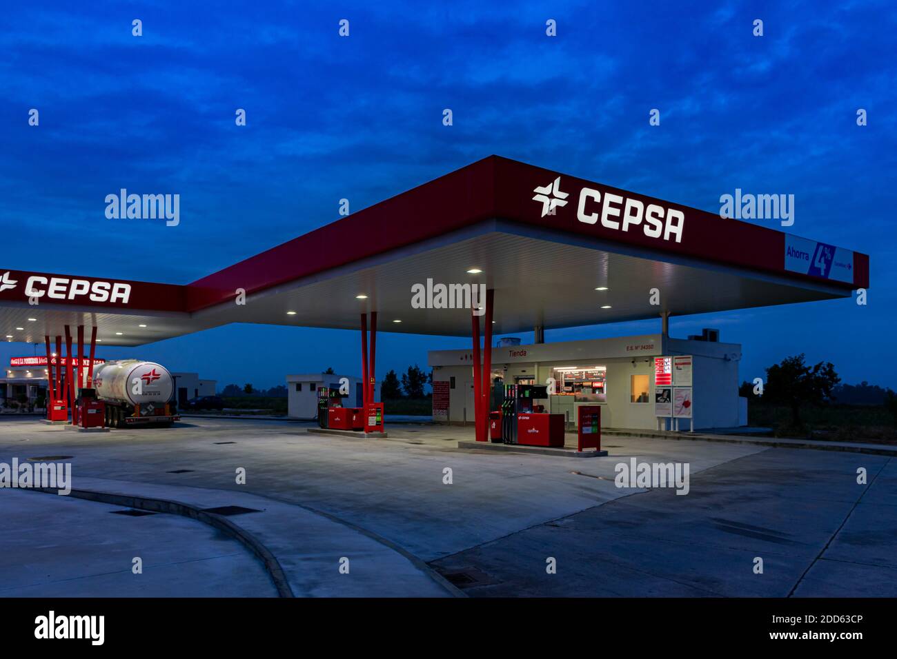 Seville 5/15/2020 Service station on the A92 highway with the Cepsa company flag. Stock Photo
