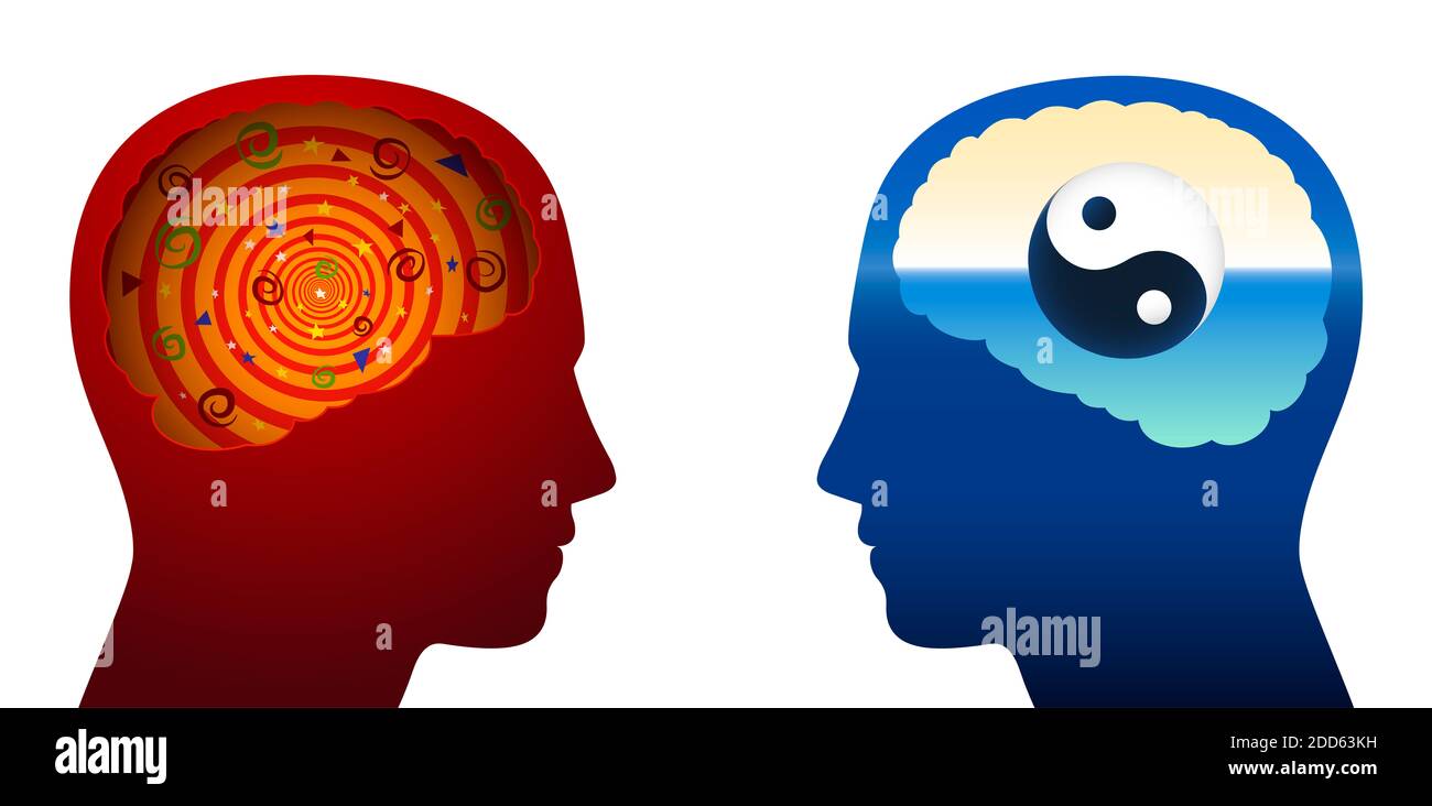 Confusion and harmony comparison, with a confused, flustered, puzzled, addled, chaotic, messy brain and one with a Yin Yang symbol. Stock Photo