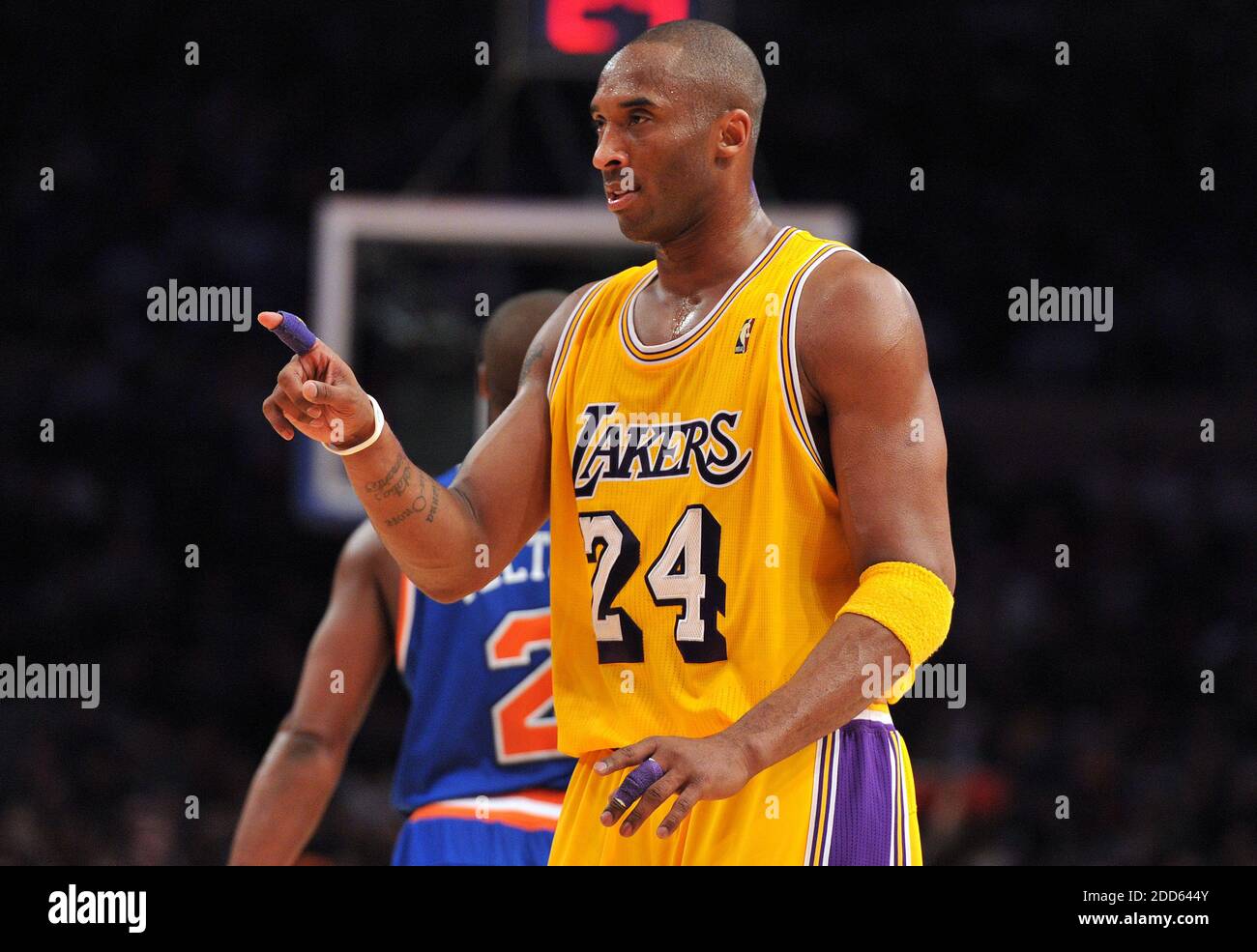 NO FILM, NO VIDEO, NO TV, NO DOCUMENTARY - Los Angeles Lakers point guard  Kobe Bryant (24) reacts to the game action during NBA Basketball match, New  York Knicks vs Los Angeles